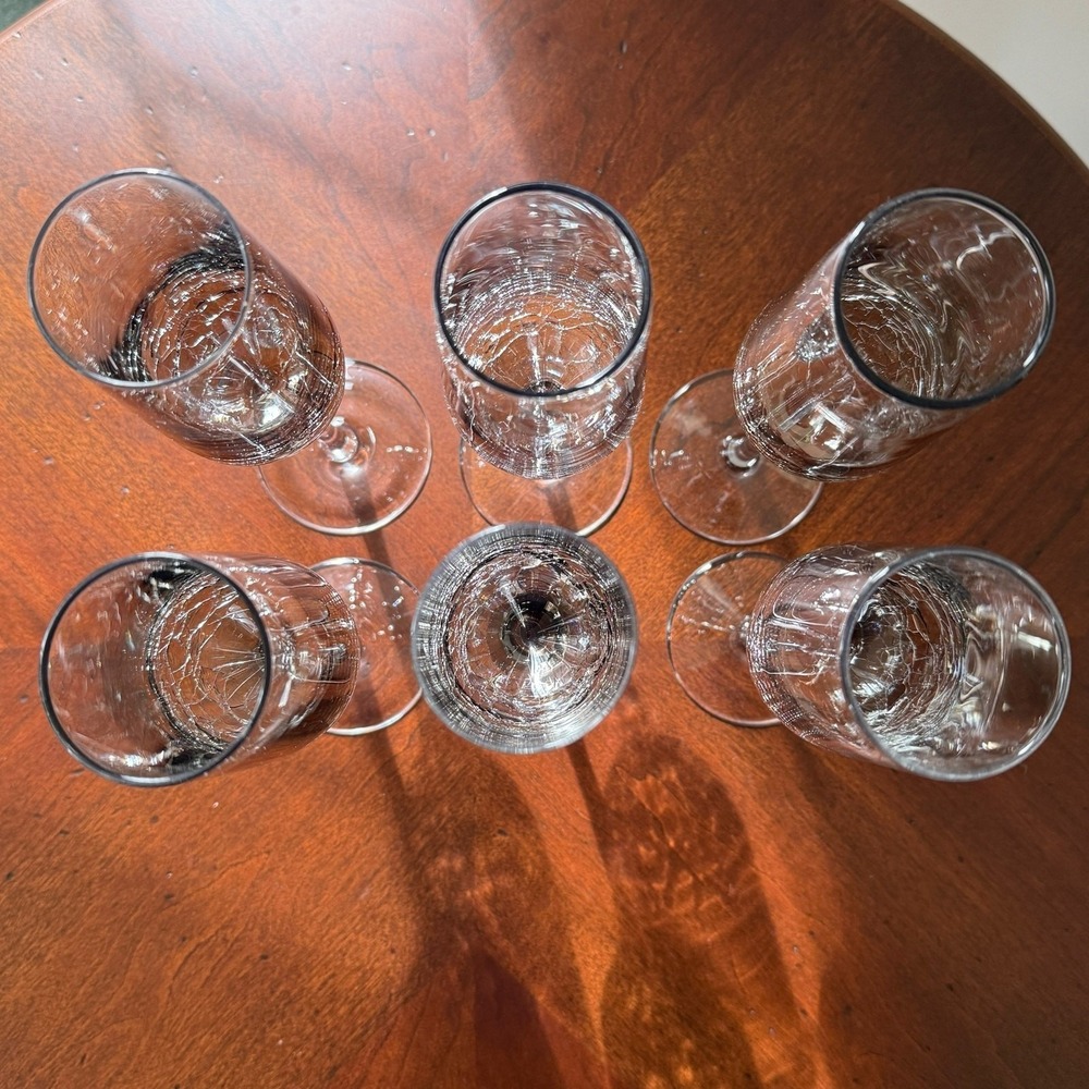 Pier 1 Crackle Glass Champagne Flutes Smoke Gray Clear Stem Set of 6 EUC Barware - Picture 4 of 6